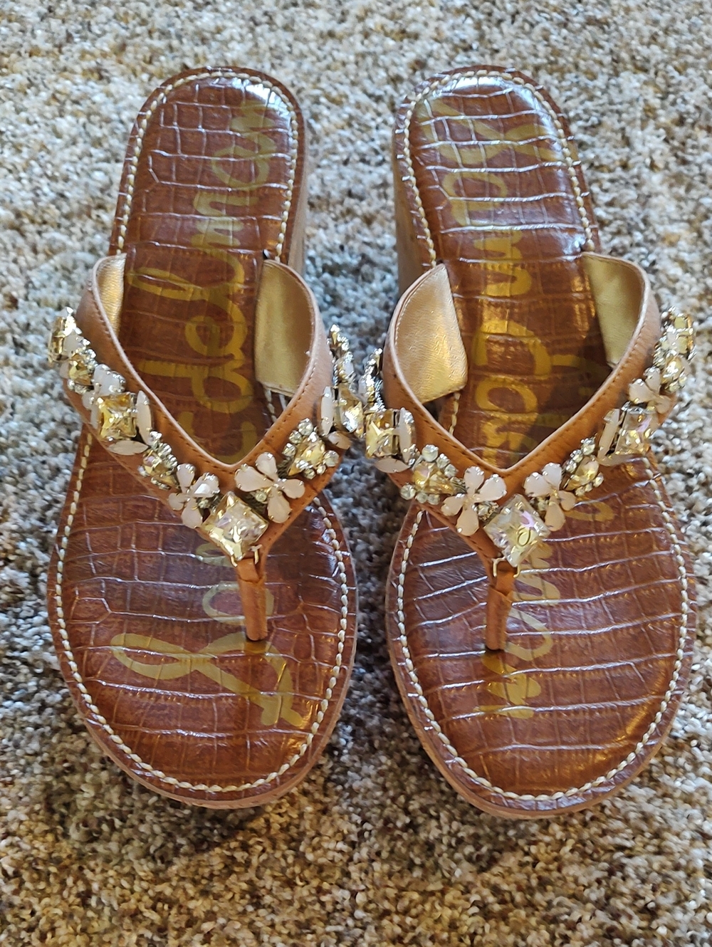 Sam Edelman Platform Sandals SZ 8.5 Leather Cork Heel Bling Butterflies & Jewels